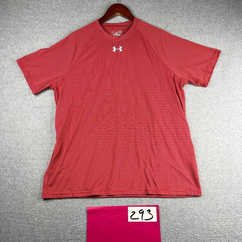 Under Armour Heatgear T Shirt Large Red Gray Striped Performance Stretch Casual